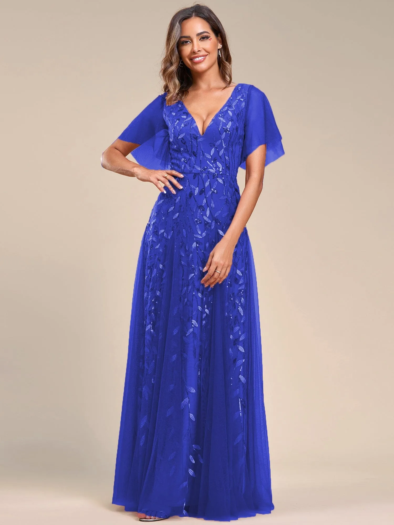 Custom Size V Neck Ruffle Sleeves Sequin Maxi Formal Evening Dress