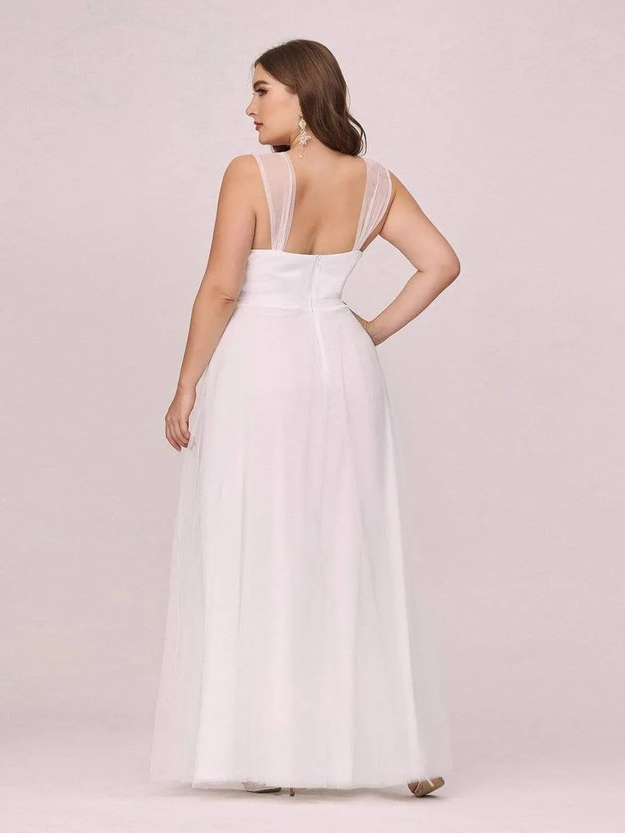 Deep V Neck Pleated Bodice Simple Tulle Wedding Dress