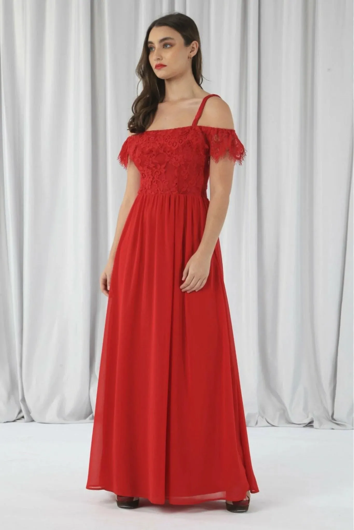 Double Second Red Scallop Edge Off Shoulder Dress