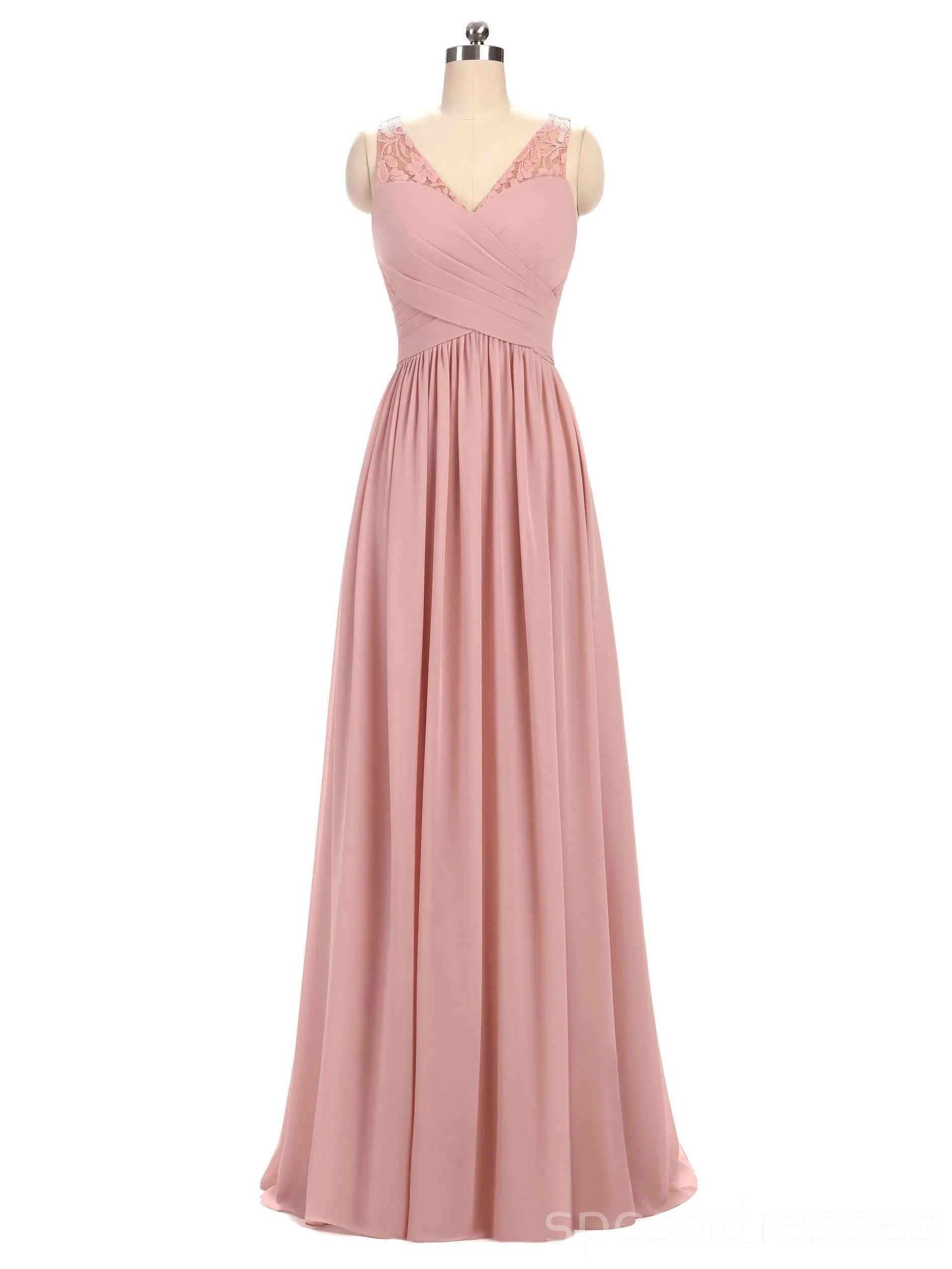 Dusty Pink V Neck Lace Straps Long Chiffon Cheap Bridesmaid Dresses Online, WG280