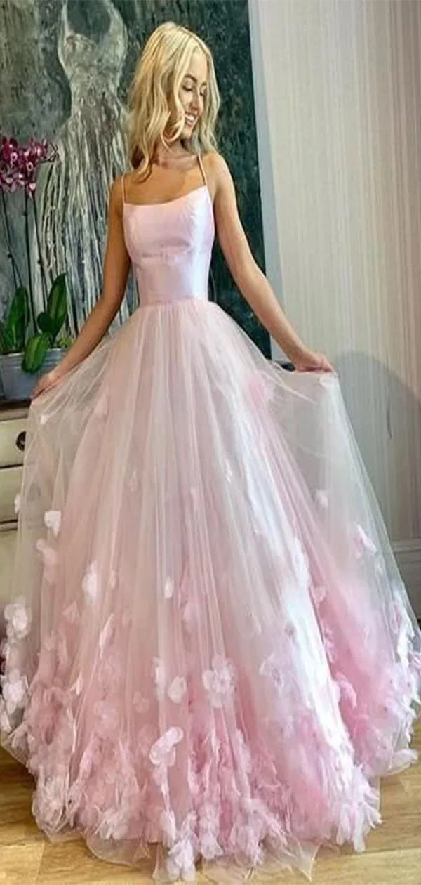 Elegant A-Line Pink Spaghetti Straps Sleeveless Appliques Formal Prom Gowns,Evening Dresses,WGP342