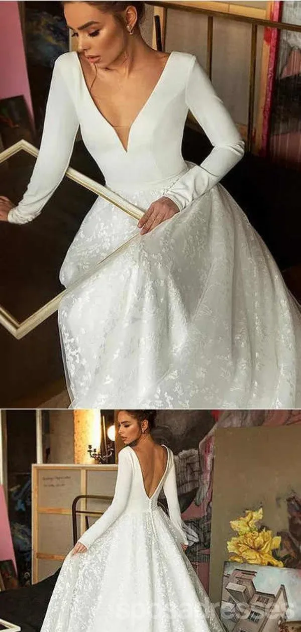 Elegant A-line V-neck Long Sleeves Maxi Long Handmade Lace Wedding Dresses,WD820