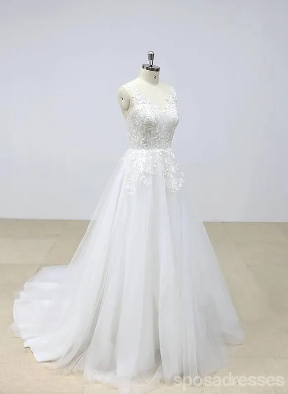 Elegant Backless Lace V Neck Tulle A-line Cheap Wedding Dresses Online, WD390