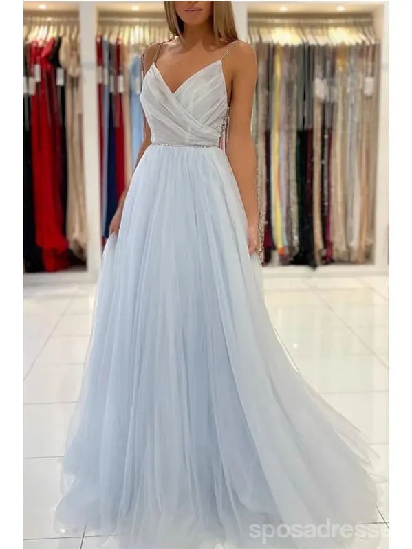 Elegant Blue A-line Spaghetti Straps V-neck Maxi Long Party Prom Dresses,13279