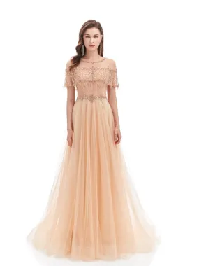 Elegant Champagne A-line Short Sleeves Long Prom Dresses Online,12773