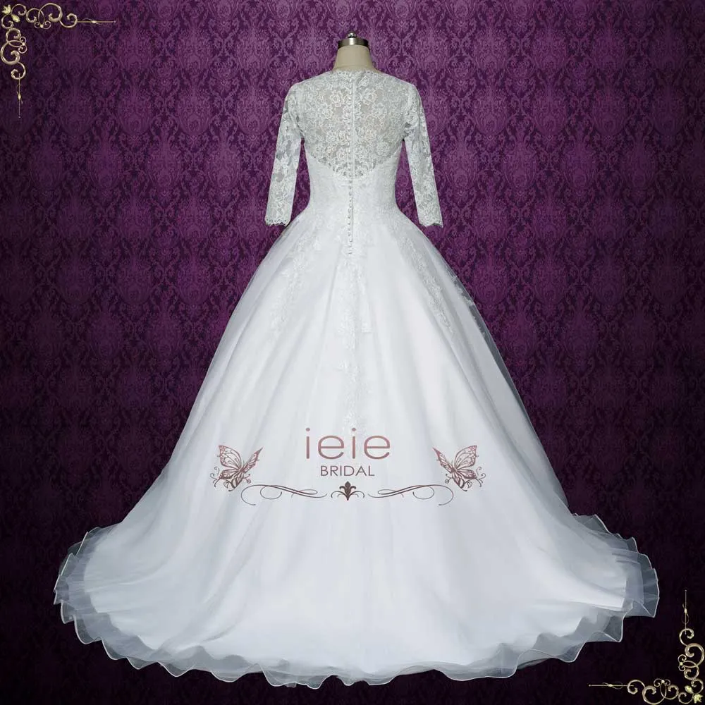 Elegant Lace Ball Gown Wedding Dress with 3/4 Sleeves | LUTHERA