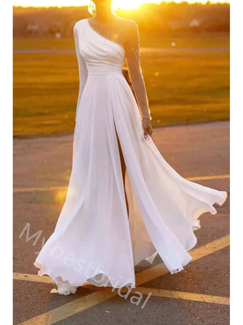 Elegant Long Sleeves Side Slit A-line  Wedding Dresses, WDY0347