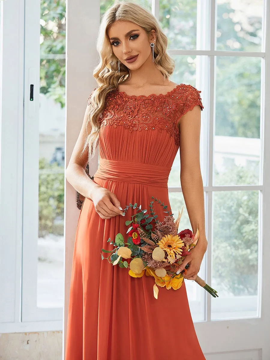 Elegant Maxi Long Lace Cap Sleeve Bridesmaid Dress