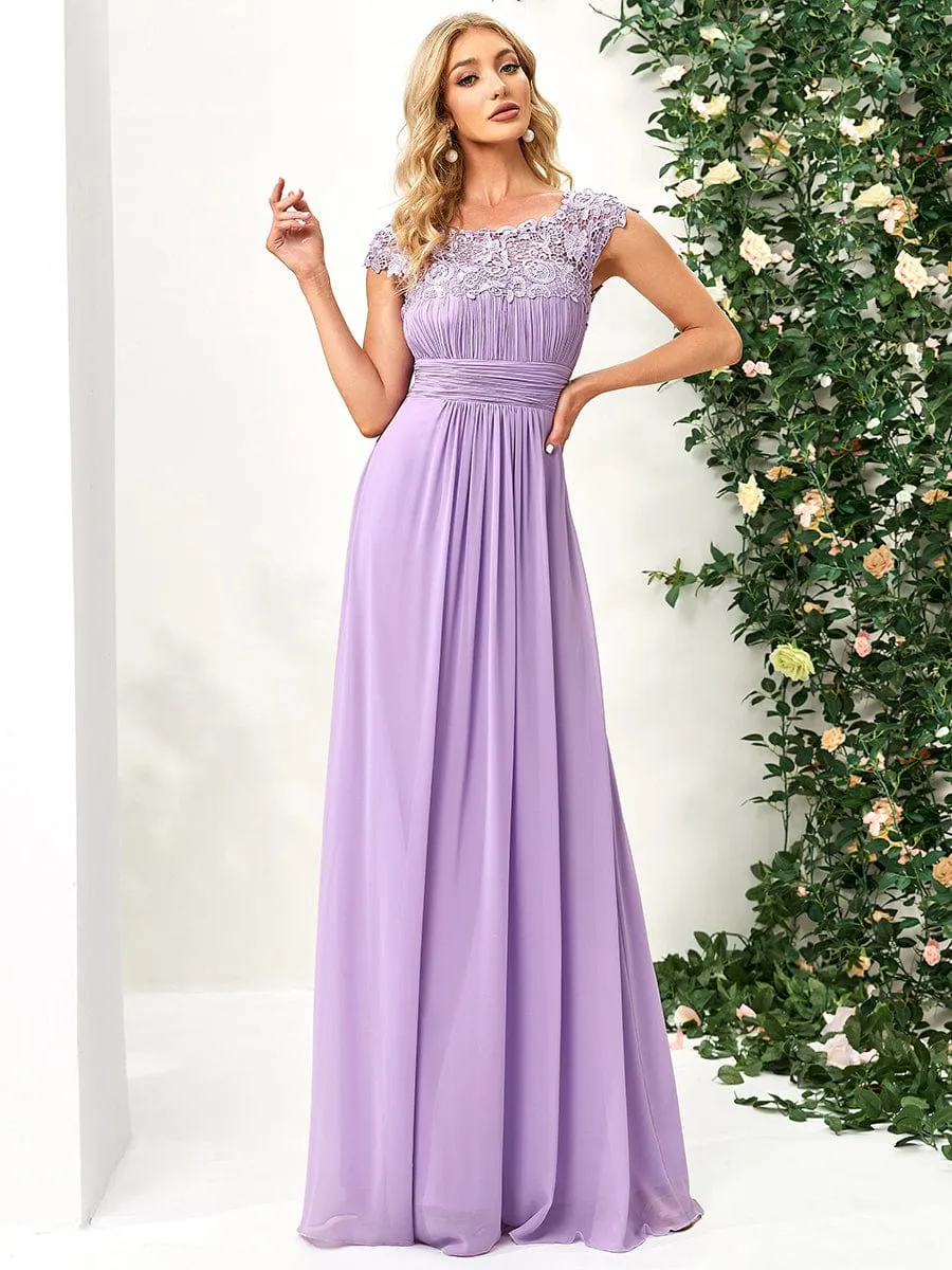 Elegant Maxi Long Lace Cap Sleeve Bridesmaid Dress