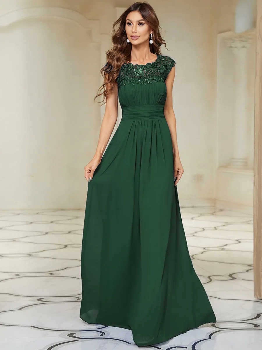 Elegant Maxi Long Lace Cap Sleeve Bridesmaid Dress