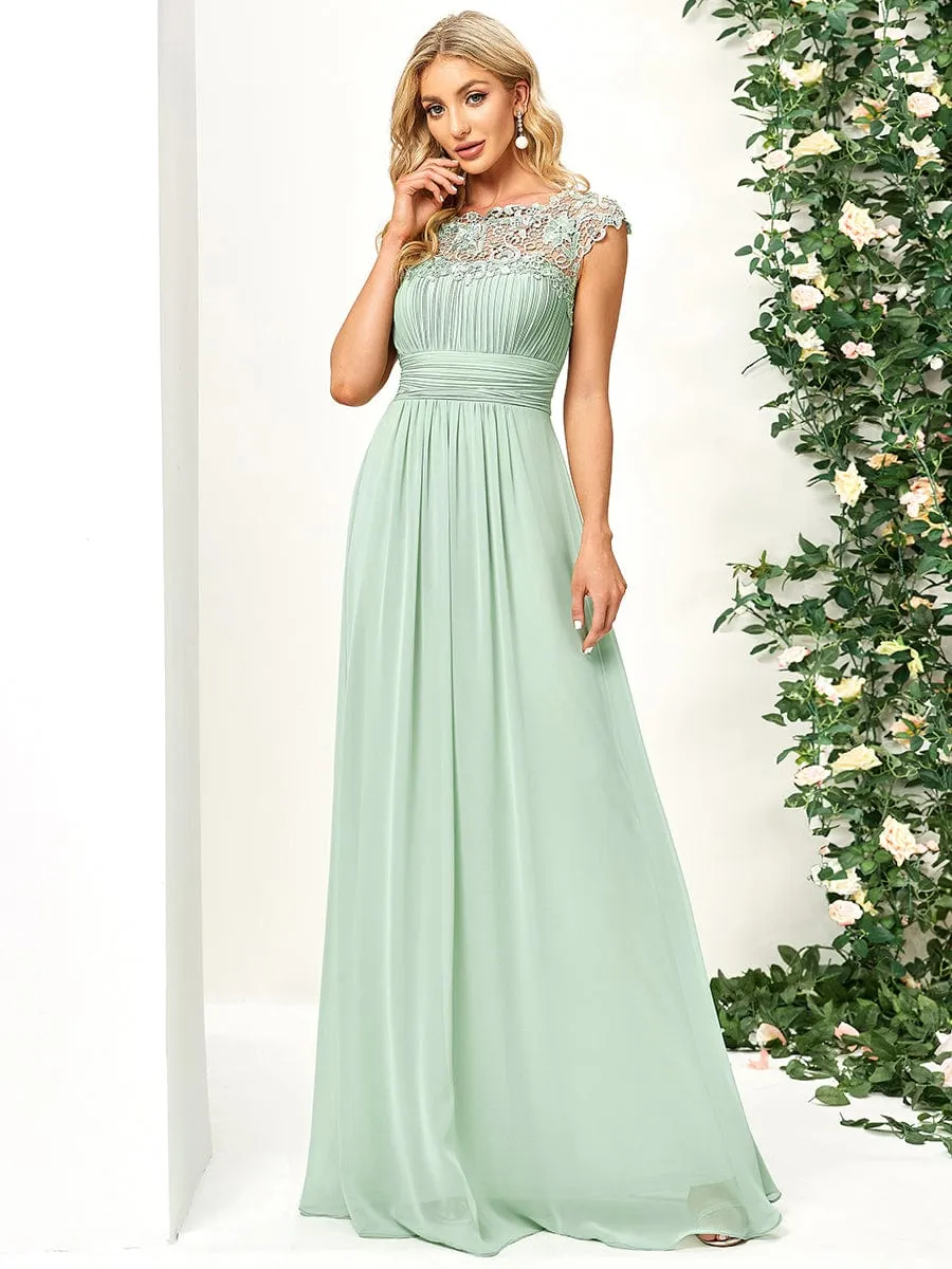 Elegant Maxi Long Lace Cap Sleeve Bridesmaid Dress