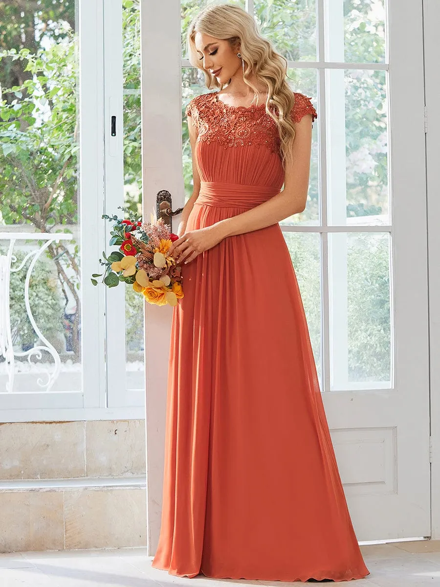 Elegant Maxi Long Lace Cap Sleeve Bridesmaid Dress