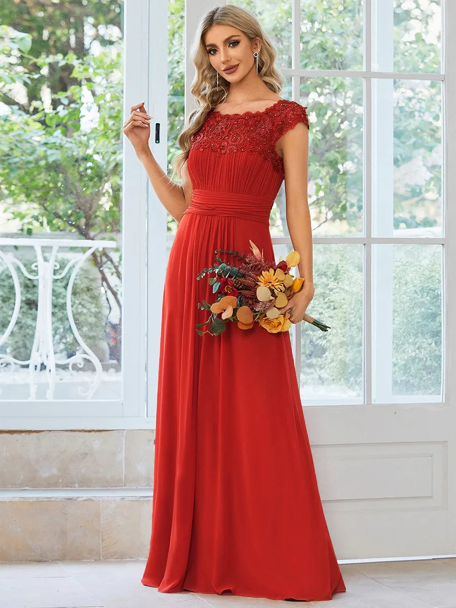 Elegant Maxi Long Lace Cap Sleeve Bridesmaid Dress