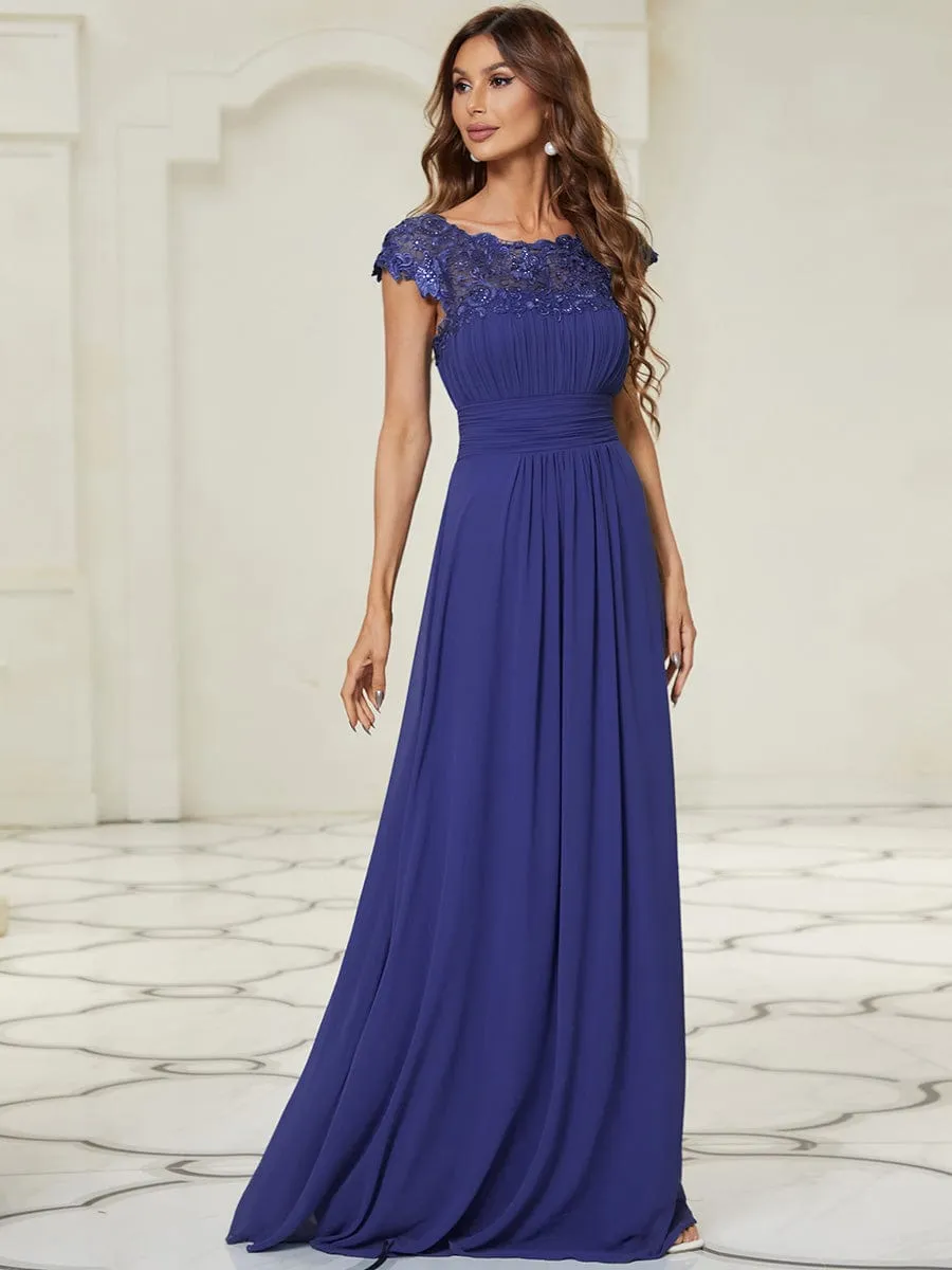 Elegant Maxi Long Lace Cap Sleeve Bridesmaid Dress