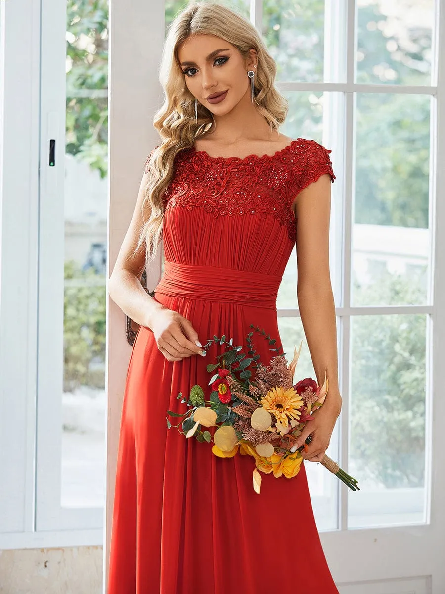 Elegant Maxi Long Lace Cap Sleeve Bridesmaid Dress