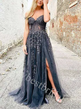 Elegant Off shoulder Side slit A-line Prom Dresses,PDS0979