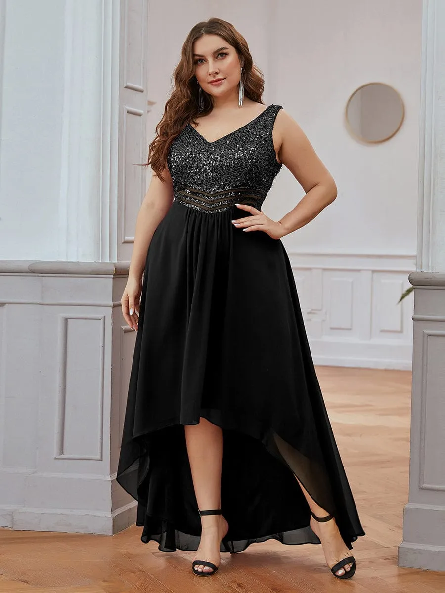 Elegant Paillette & Chiffon V-neck A-line Sleeveless Plus Size Formal Evening Dresses