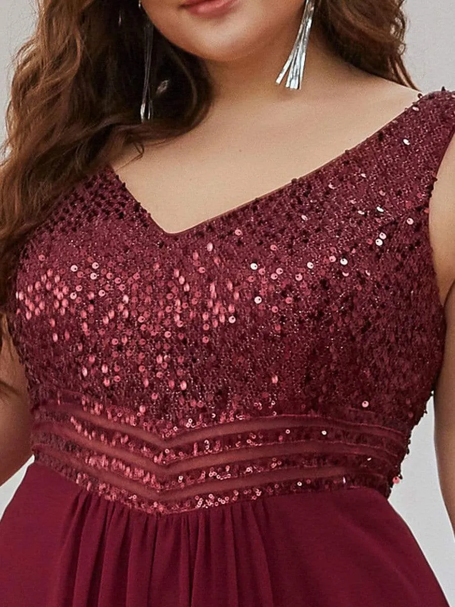 Elegant Paillette & Chiffon V-neck A-line Sleeveless Plus Size Formal Evening Dresses