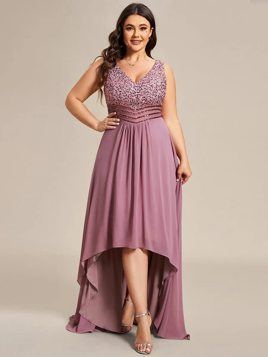 Elegant Paillette & Chiffon V-neck A-line Sleeveless Plus Size Formal Evening Dresses