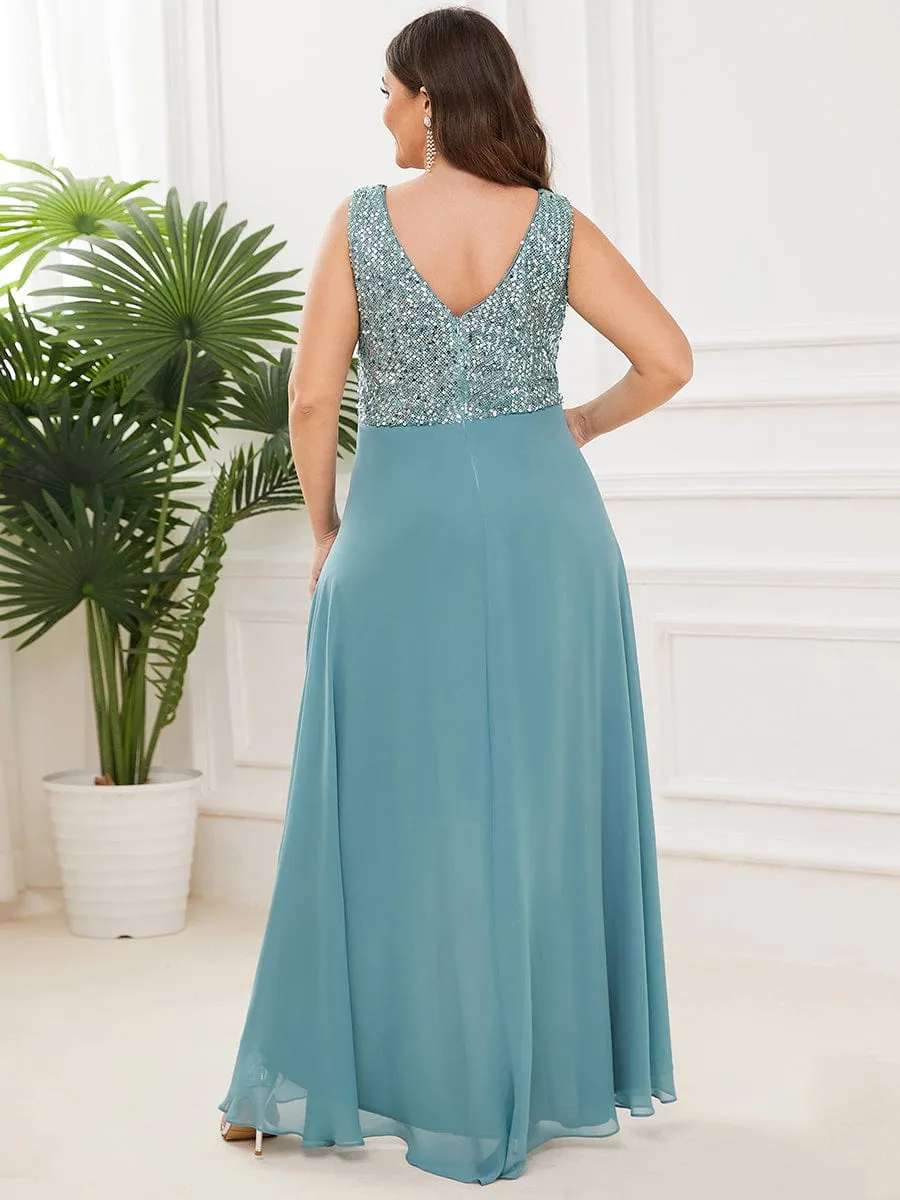 Elegant Paillette & Chiffon V-neck A-line Sleeveless Plus Size Formal Evening Dresses