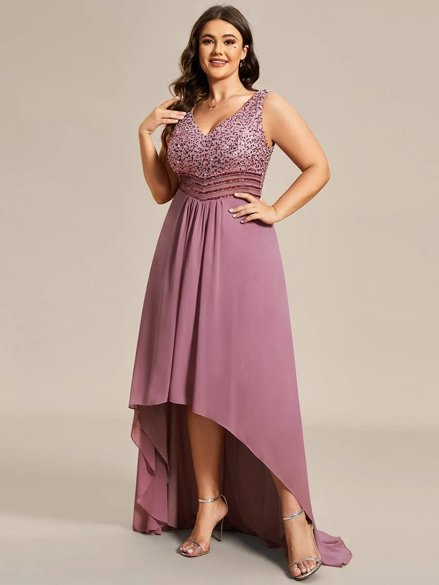 Elegant Paillette & Chiffon V-neck A-line Sleeveless Plus Size Formal Evening Dresses