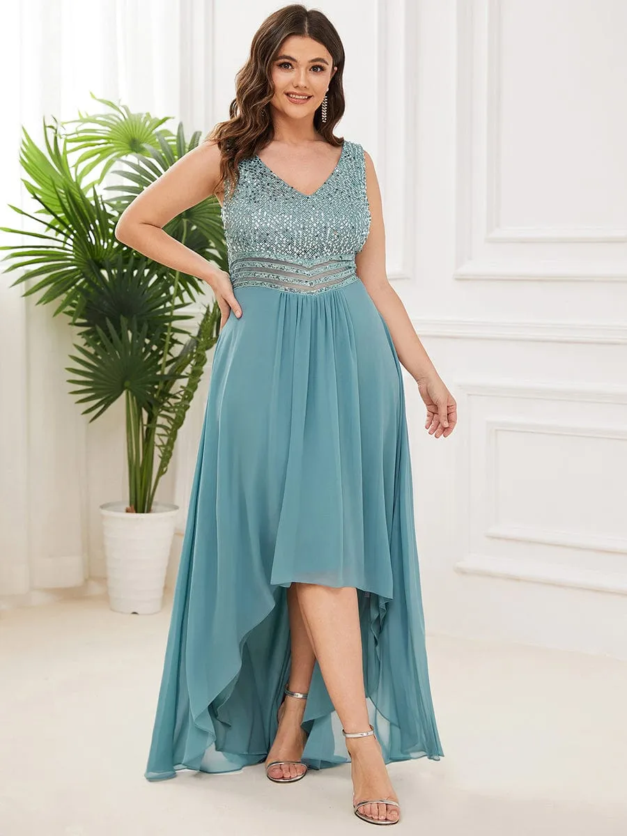 Elegant Paillette & Chiffon V-neck A-line Sleeveless Plus Size Formal Evening Dresses