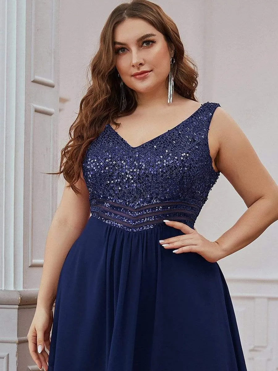 Elegant Paillette & Chiffon V-neck A-line Sleeveless Plus Size Formal Evening Dresses