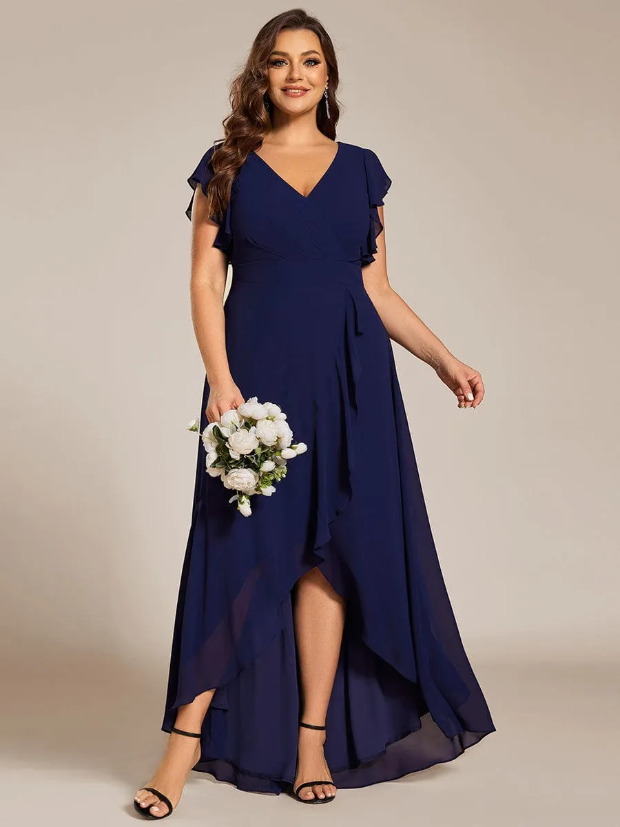 Elegant Ruffled Chiffon High-Low Bridesmaid Dress with Backless Design