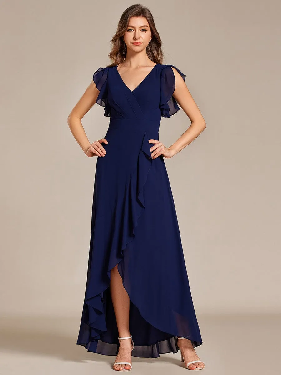 Elegant Ruffled Chiffon High-Low Bridesmaid Dress with Backless Design