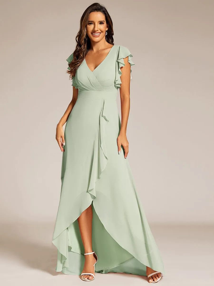 Elegant Ruffled Chiffon High-Low Bridesmaid Dress with Backless Design