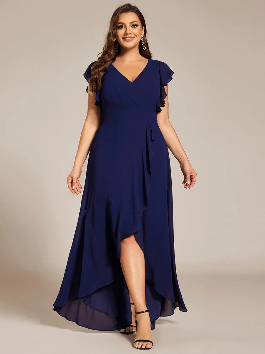 Elegant Ruffled Chiffon High-Low Bridesmaid Dress with Backless Design