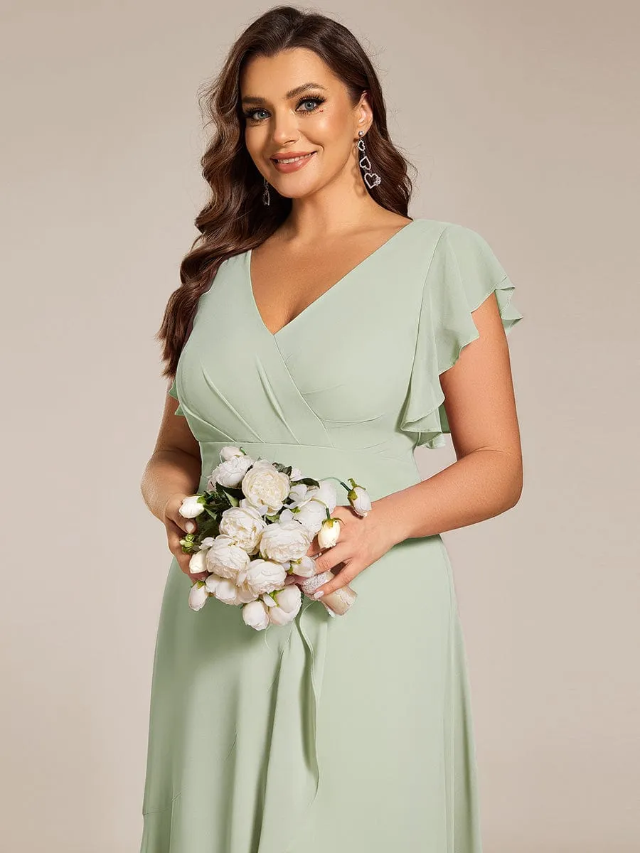 Elegant Ruffled Chiffon High-Low Bridesmaid Dress with Backless Design