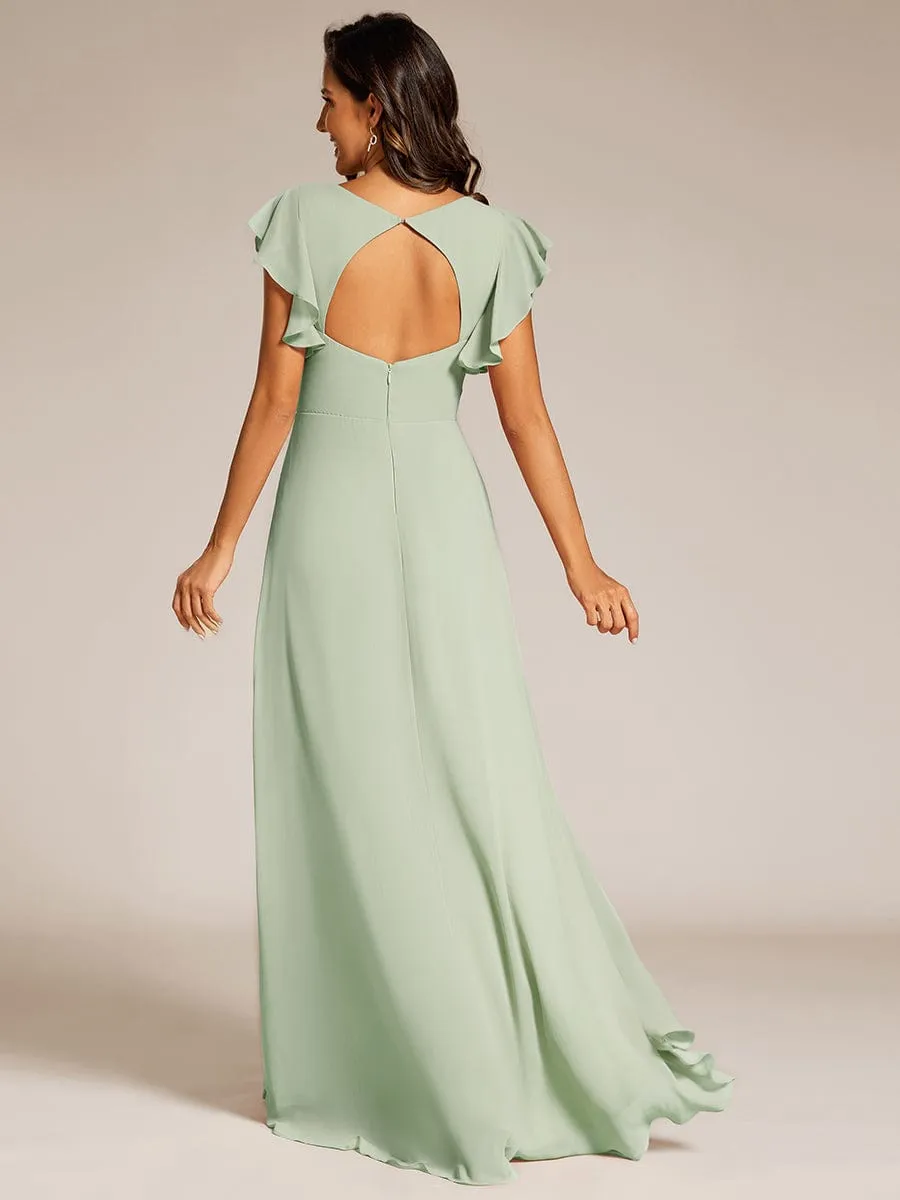 Elegant Ruffled Chiffon High-Low Bridesmaid Dress with Backless Design