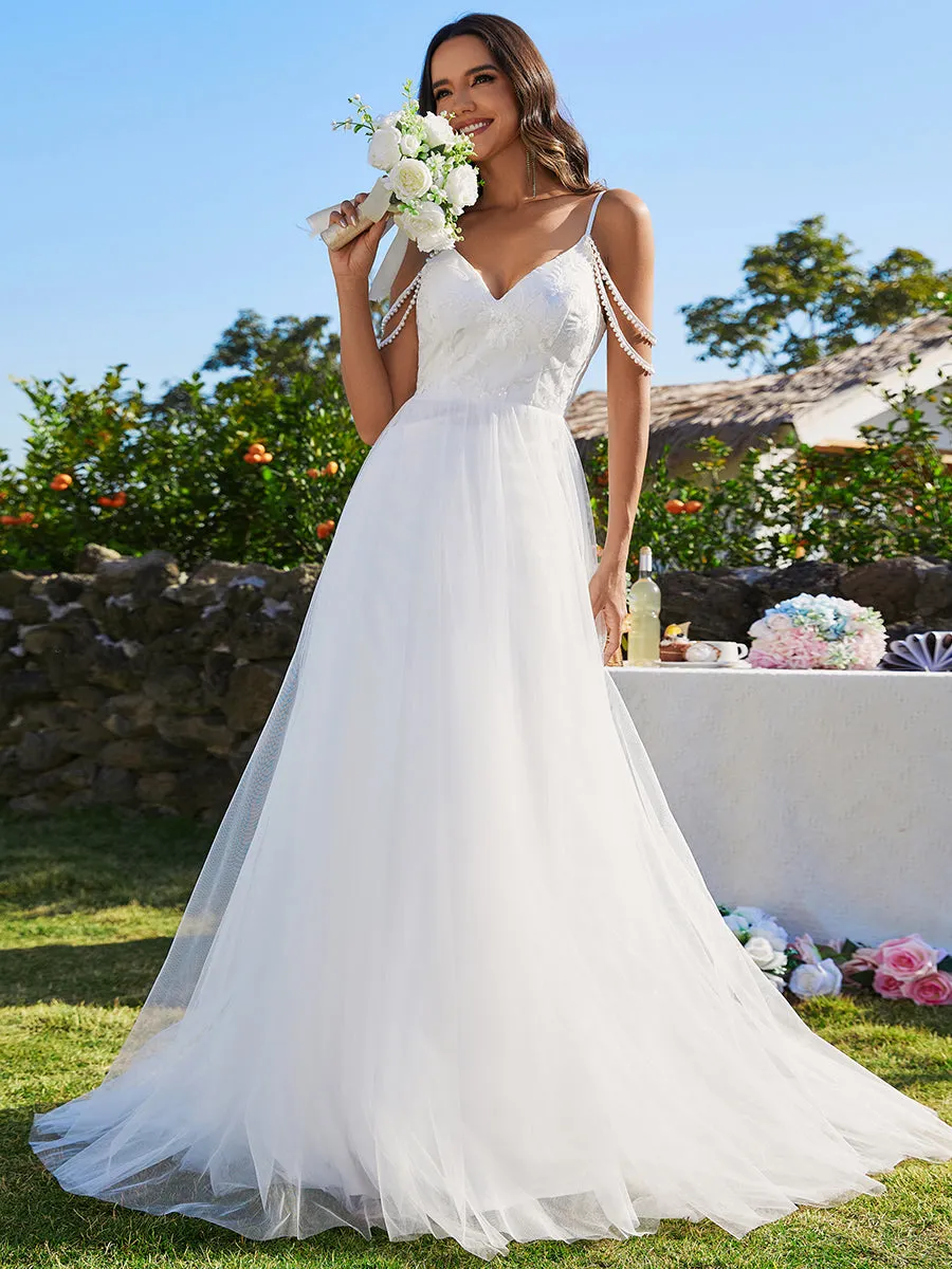 Elegant Spaghetti Straps Pearl Wholesale Wedding Dress with Sleeveless