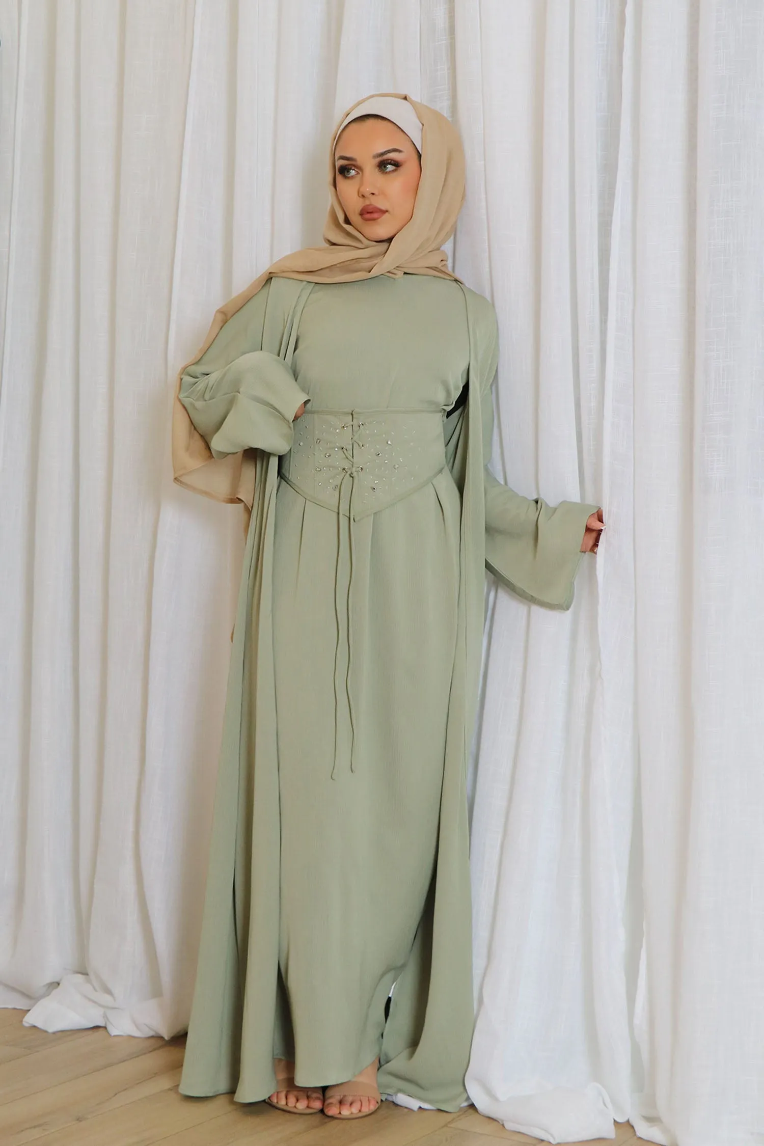 Elmas Textured Corset Abaya Set- Light Sage Green