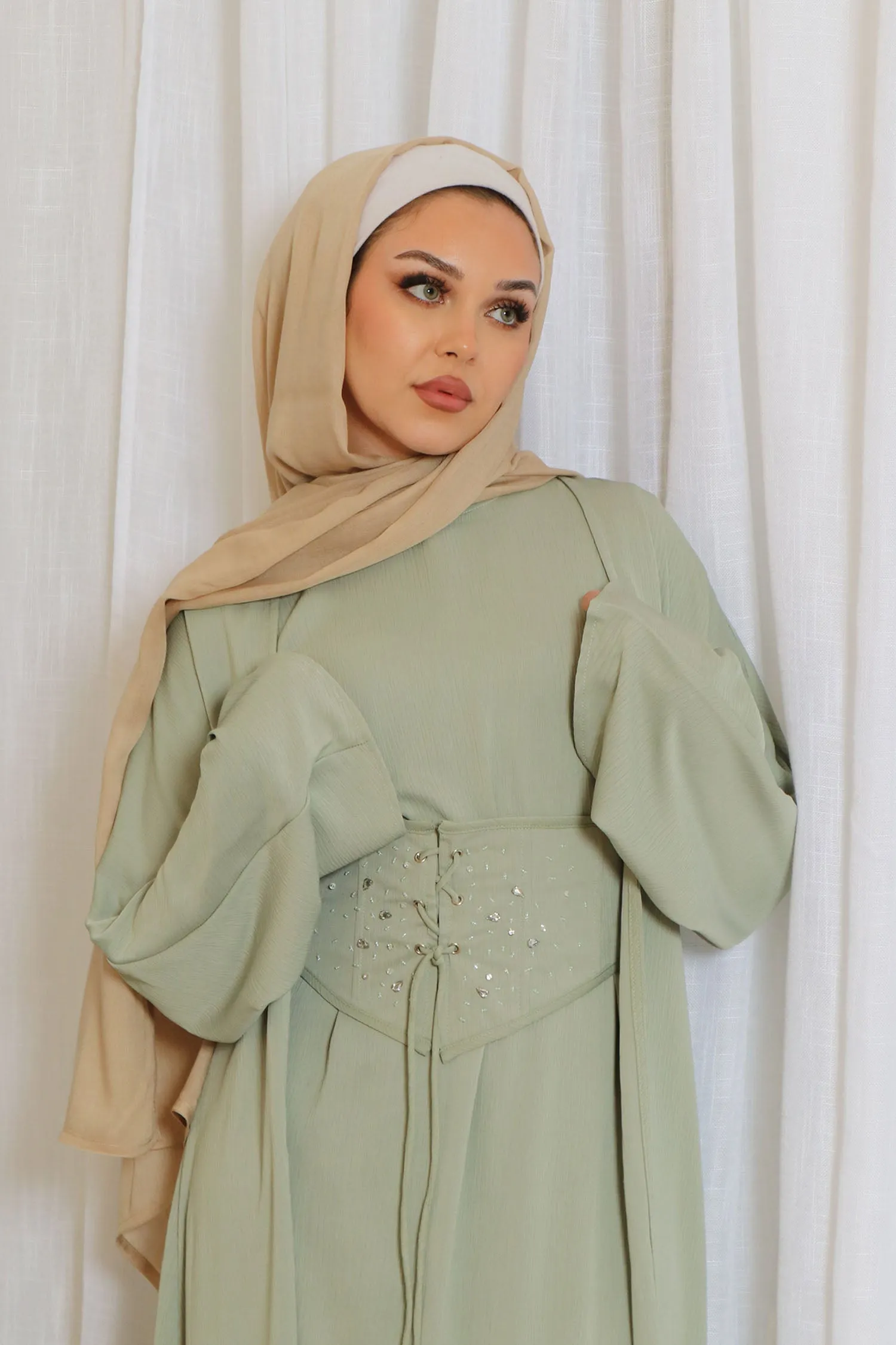 Elmas Textured Corset Abaya Set- Light Sage Green