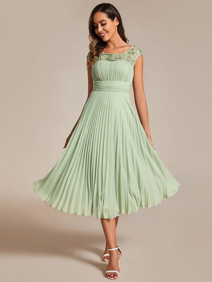 Embroidery Round Neck Tea Length Wedding Guest Dress With Raglan Sleeves