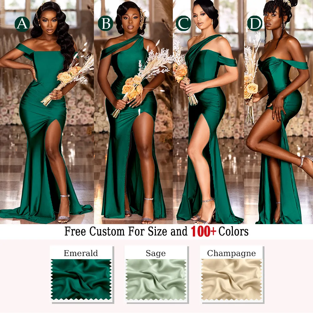 Emerald Mermaid Sexy High Slit Burnt Brown Satin Long Bridesmaid Dresses, WGM012