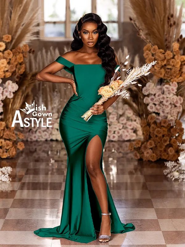 Emerald Mermaid Sexy High Slit Burnt Brown Satin Long Bridesmaid Dresses, WGM012