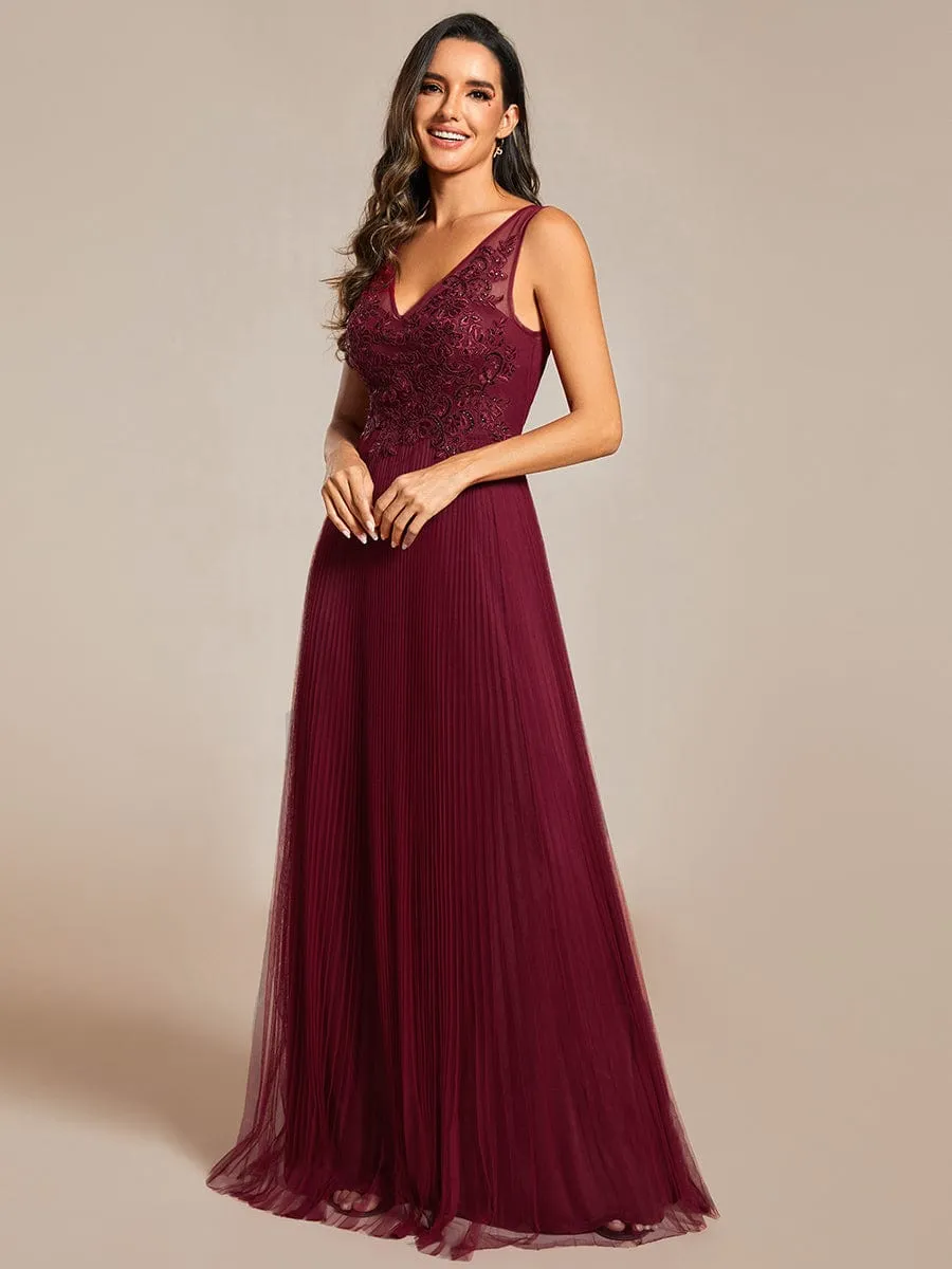 Exquisite Applique Embroidery Bodice Sleeveless A-Line Tulle Evening Dress