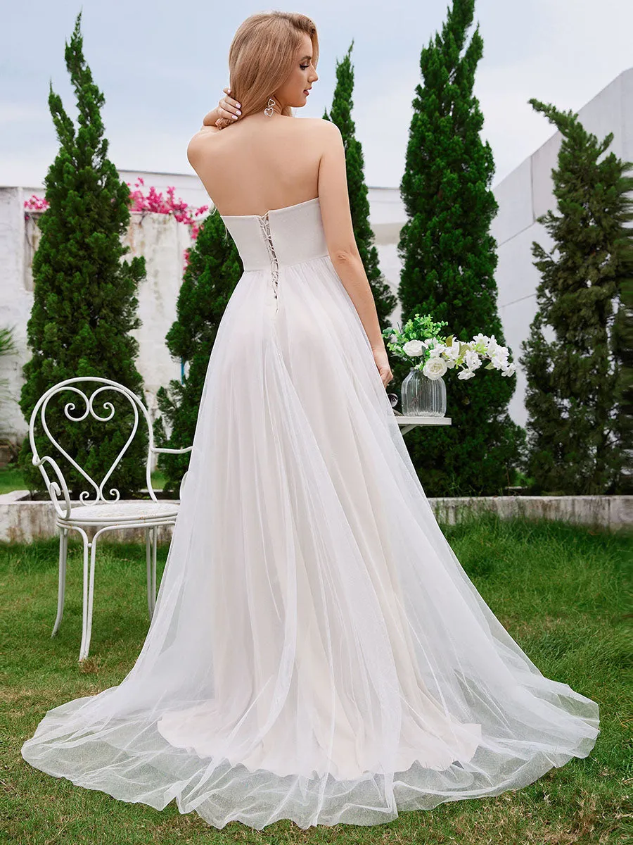 Exquisite See-Through Cold Shoulder Strapless Padded Enough Wedding Tulle Dresses with Bandage Empire Waist