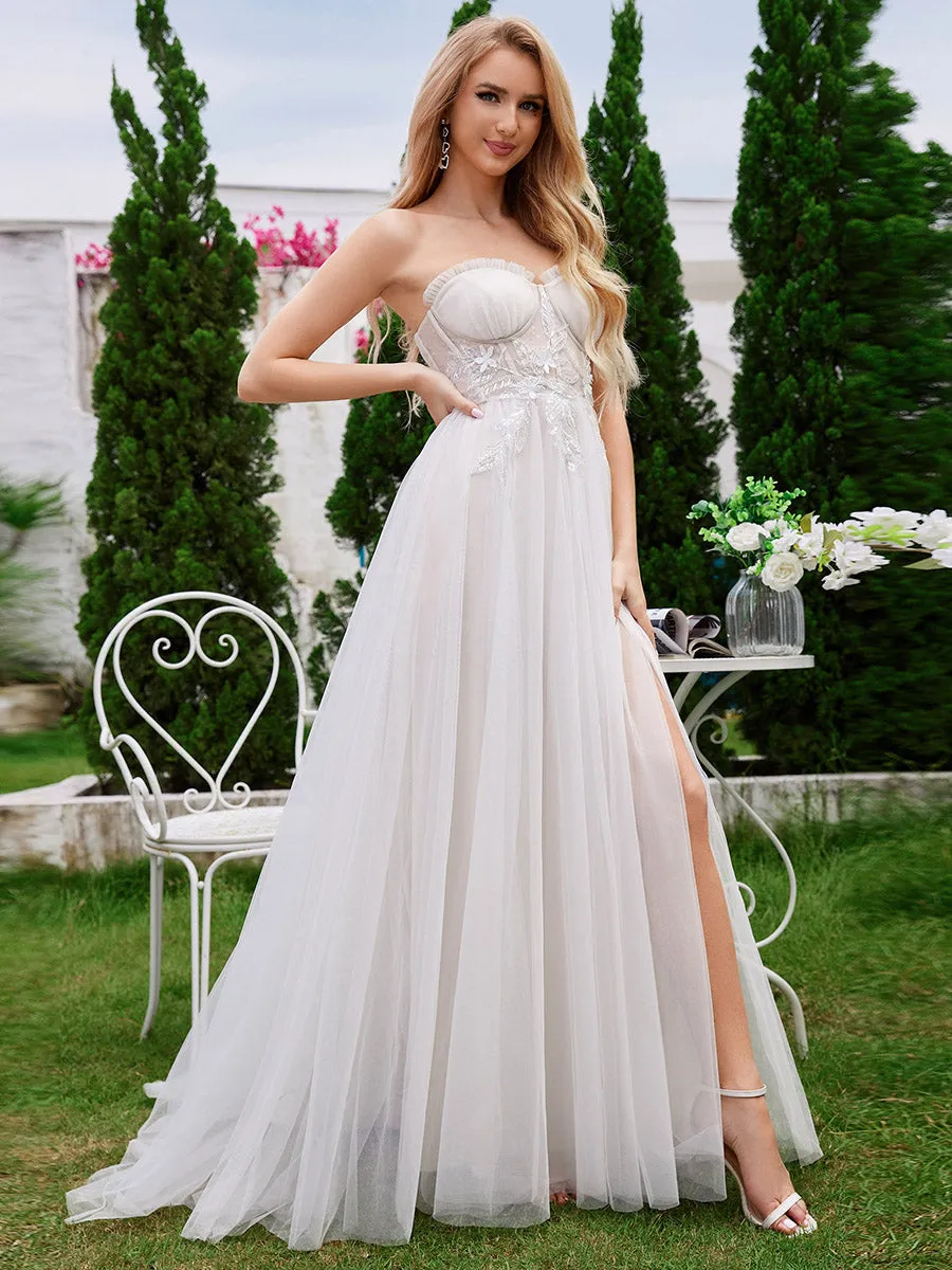 Exquisite See-Through Cold Shoulder Strapless Padded Enough Wedding Tulle Dresses with Bandage Empire Waist