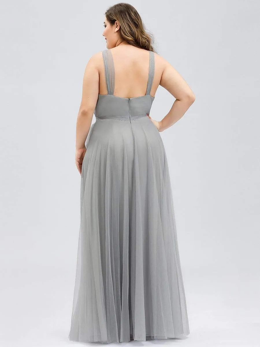 Floor Length Double V Neck Tulle Bridesmaid Dresses