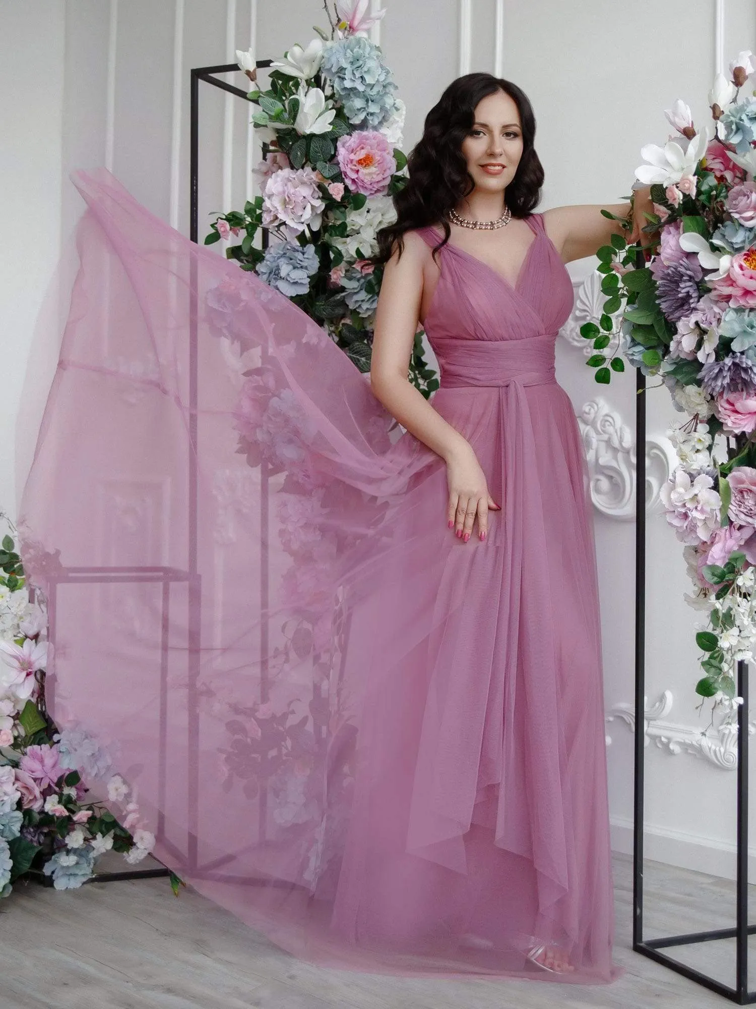 Floor Length Double V Neck Tulle Bridesmaid Dresses