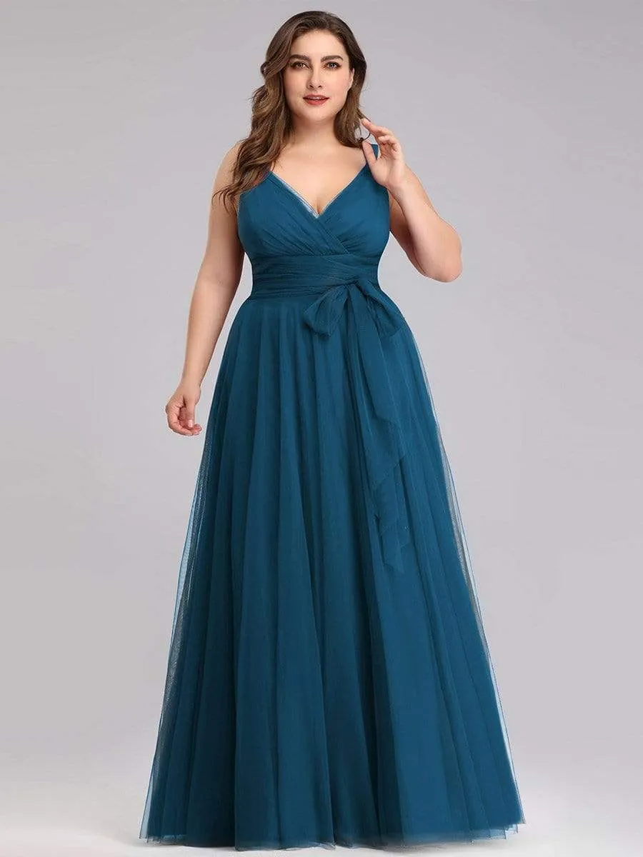 Floor Length Double V Neck Tulle Bridesmaid Dresses