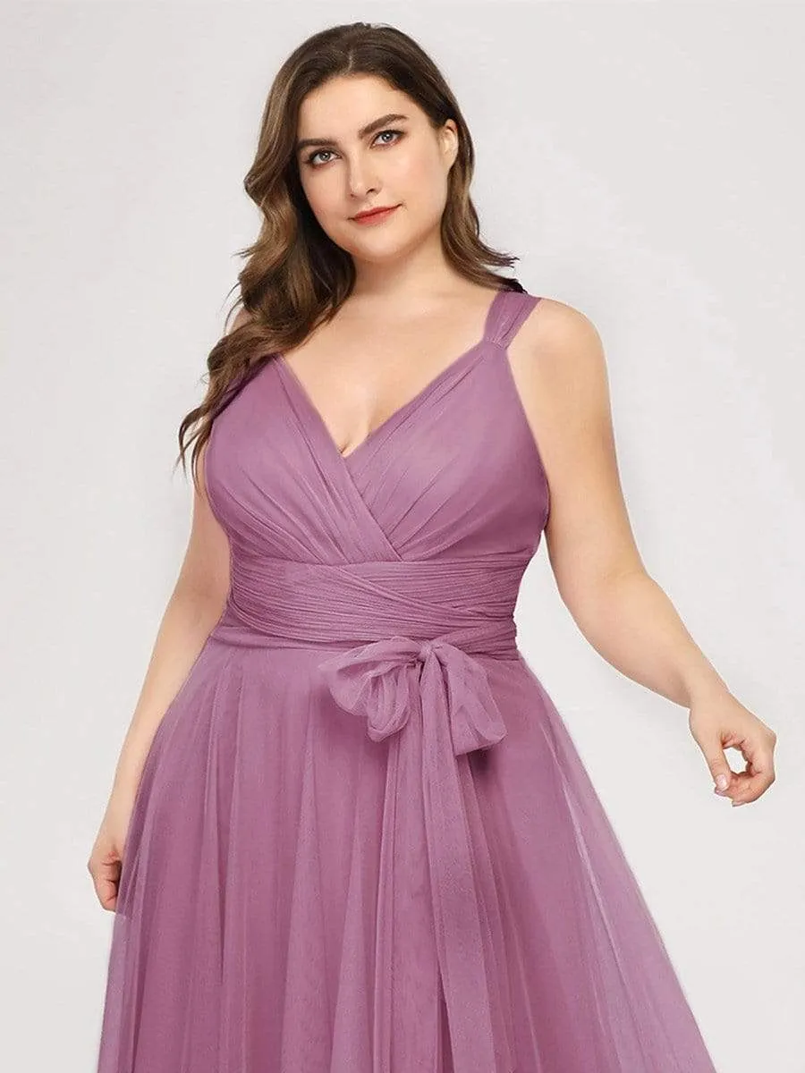 Floor Length Double V Neck Tulle Bridesmaid Dresses