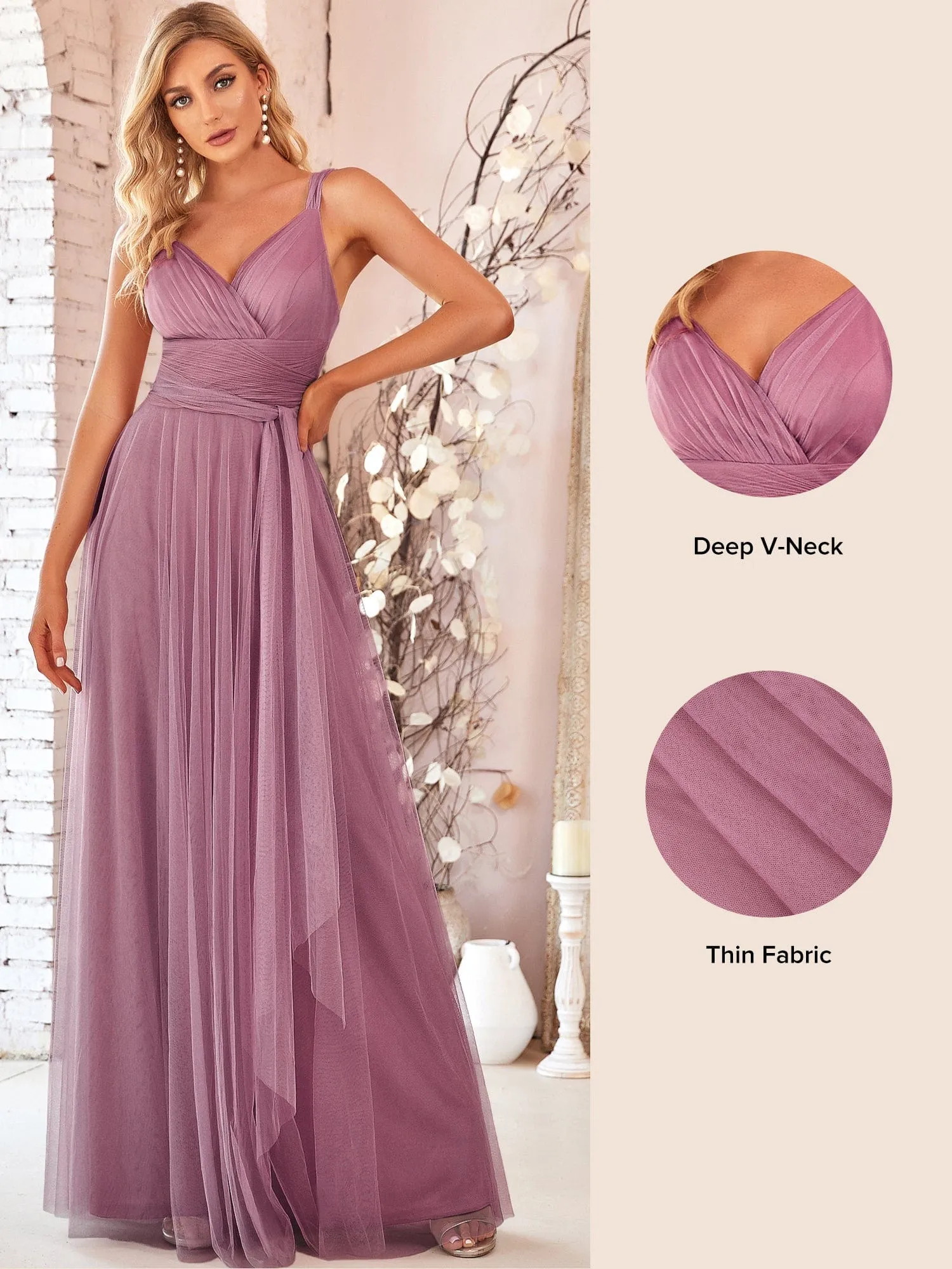 Floor Length Double V Neck Tulle Bridesmaid Dresses