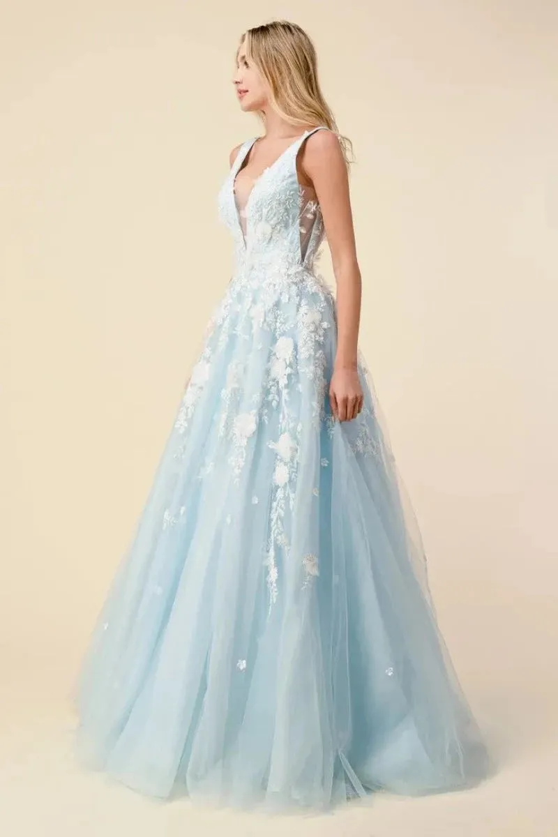 Floral Applique V Neck Tulle A-Line Formal Dress