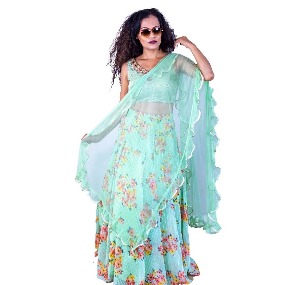 Floral design lehenga set - Green