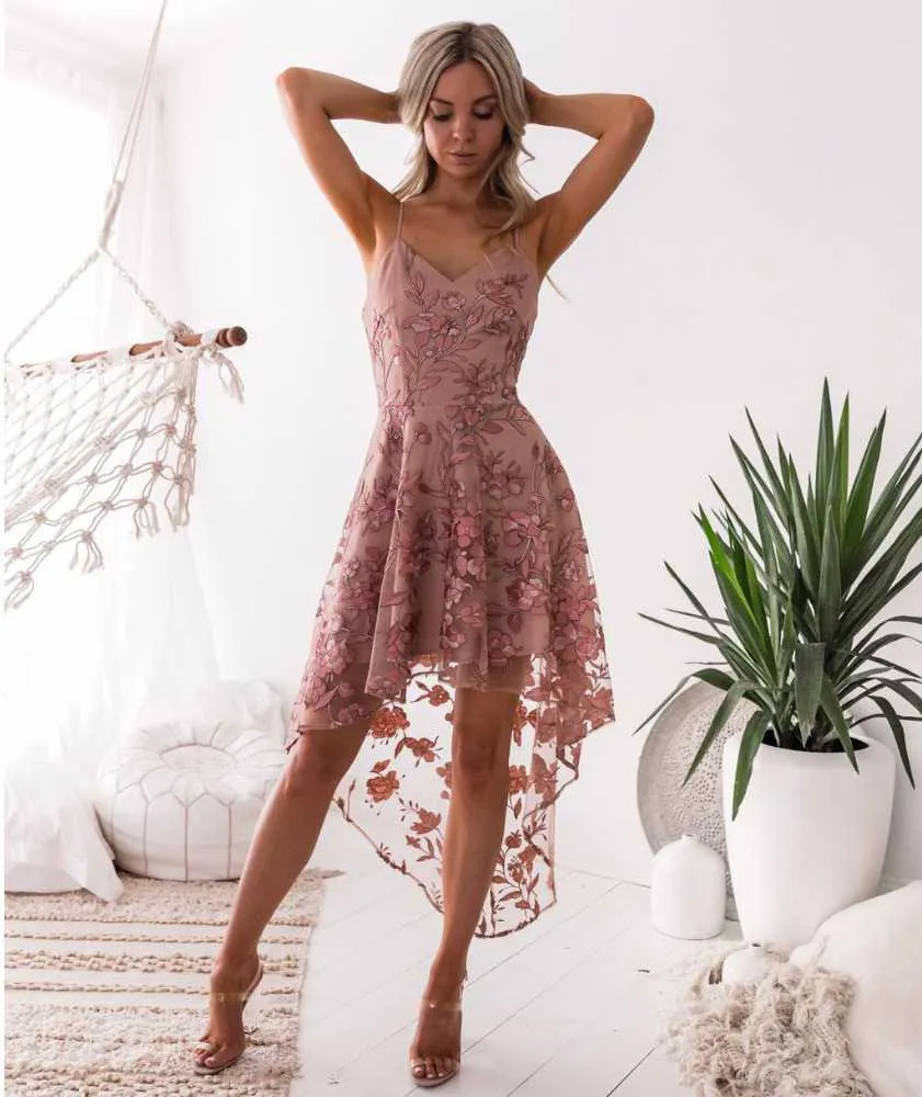 Floral Embroidery Mesh Lace High Low Dress